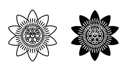 Passion Flower Icon Set: A striking pair of minimalist icons showcasing the intricate beauty of the passion flower in both outline and solid black silhouette, symbolizing nature's delicate artistry. © Sara
