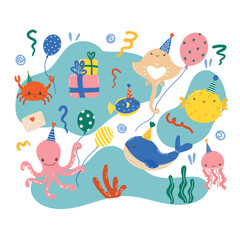 Obraz premium DescriptionCute sea animals with balloons, gift box and party hats in underwater cartoon vector style. Adorable marine elements collection for kids celebration, invitations and nursery design.