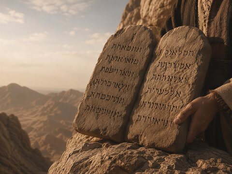 Moses holding stone tablets with Ten Commandments on mountain. Biblical scene of prophet in desert during exodus from Egypt. Religious historical concept for faith and spiritual tradition.