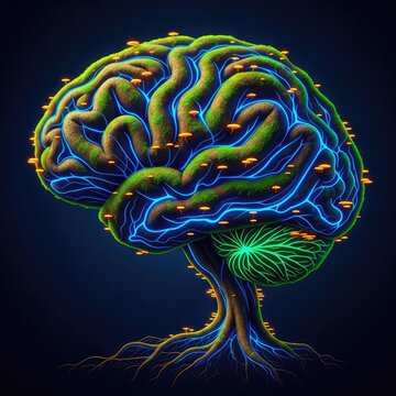 An intricate network of glowing tree roots forming the shape of a brain, blending organic nature with light and deep ancient wisdom, earth, fiber, biology