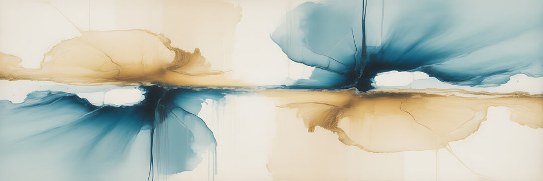 Abstract floral ornament in watercolor style with blue and gold hues on a white background art painting design