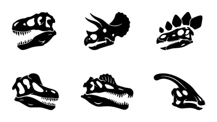 Set of six different dinosaur skull silhouettes, black icons on white background Vector © MSTRANI