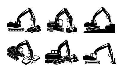 Set of excavator icons with jackhammer breaking rocks and concrete, construction equipment vector illustration Vector © MSTRANI