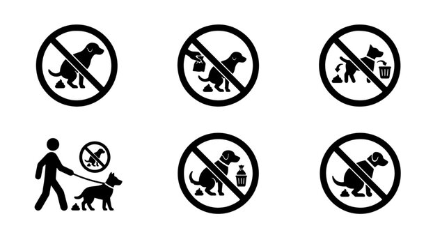 Collection of black and white icons showing signs prohibiting dog waste and leash laws Vector