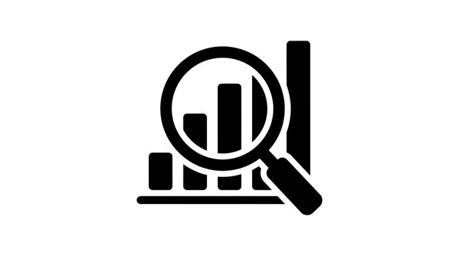 Data analysis icon magnifying glass over business charts and graphs representing insight and strategy