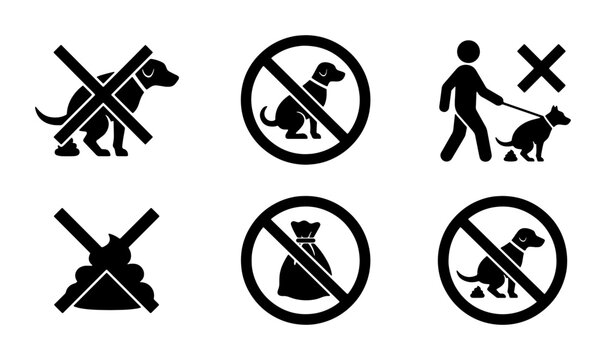 Set of dog poop prohibition signs, no dogs allowed icons, and clean up after your pet symbols Vector