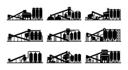 Industrial factory plant with silos and conveyor belts, black silhouette on white background Vector © MSTRANI