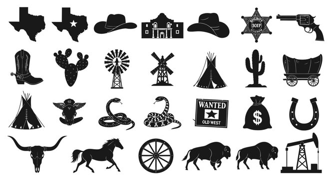 Wild West icons set, 28 black cowboy silhouettes and Texas symbols, western elements for graphic design, rustic frontier vector illustrations