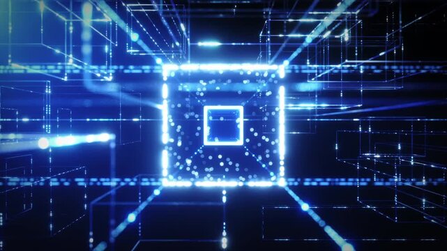 3D technology grid lines, high tech space particle line connection shuttle, a glowing blue digital grid of interconnected cubes and data streams forms a futuristic 3D network against a dark backdrop.