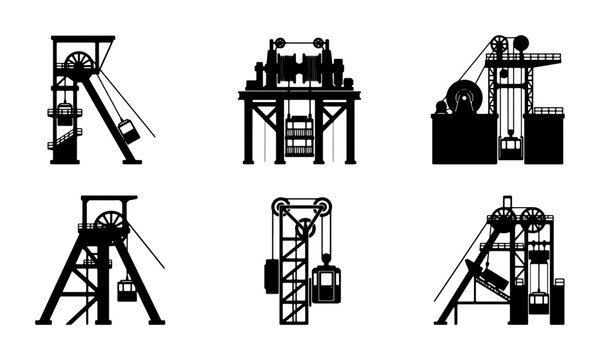 Collection of six black silhouettes of mine headframes with cages and machinery Vector