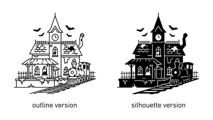 Haunted House and Train Illustration: Two illustrations of a spooky, dilapidated haunted house with a vintage train on a track. One is an outline and the other a silhouette.
