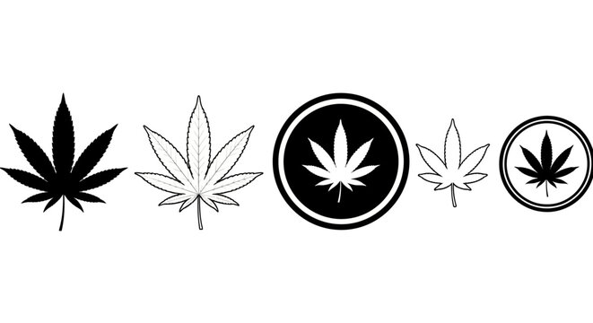 Cannabis leaf vector icon set, black and white marijuana foliage silhouettes, 5 hemp plant leaf elements for dispensary branding and medical labels