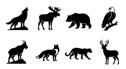 Fototapeta premium 70 Wild Animal Silhouettes Collection: Majestic Moose, Howling Wolf, Powerful Bear, Soaring Eagle, Mountain Goat, Sly Fox, Panther, and Deer Vector Icons for Nature and Wildlife Designs 100