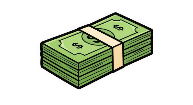Illustration of a stack of green dollar bills tied with a band isolated on transparent background