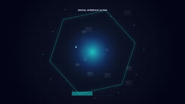Digital spatial interface with floating data nodes on a dark background