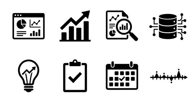 70 Business Analytics Icons Set: Data Charts, Growth Graphs, Reports, Database, Lightbulb Idea, Checklist, Calendar, Soundwaves - Vector Graphics for Strategy and Planning 100