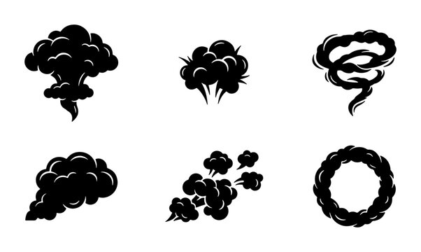 Set of six black smoke and explosion cloud icons and silhouettes Vector