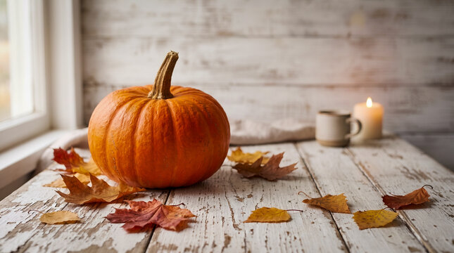 Bright orange pumpkin sits on a weathered white wooden table, surrounded by dry autumn leaves, with a cozy candle and mug blurred in the background.