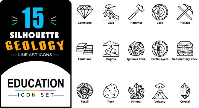 Geology line art icons set, 15 silhouette earth science symbols, educational mineral and rock collection, volcano and gemstone vector graphics