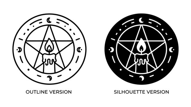 Mystical Pentacle Emblem: A symbolic representation of a pentacle featuring a candle, celestial moons, and stars, presented in both outline and silhouette versions for versatile design use.