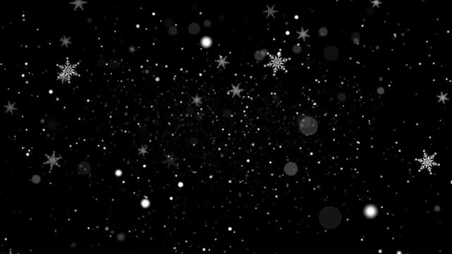 Snowflakes drift and sparkle against a deep black void in a winter celebration of light.