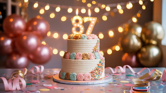 Birthday celebration with two tier cake and lit candles on top  party decorations