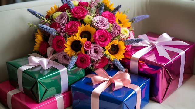 Colorful gifts wrapped in shiny paper with ribbons and a bouquet of flowers on top
