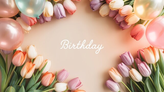 Colorful tulips and balloons on pink background with birthday text