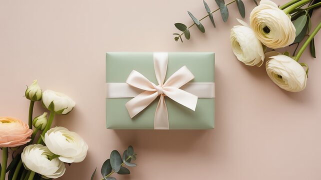 Gift wrapped in green paper with white ribbon and flowers on pink background