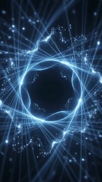 Abstract blue light ray ring formation looping back in a dark space