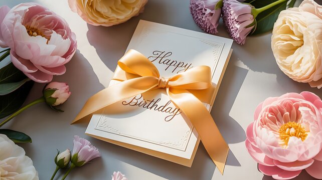 Happy birthday card with gold bow surrounded by colorful flowers on table