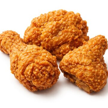 Three pieces of crispy fried chicken on a white background.