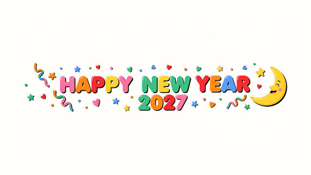 Colorful new year typography with confetti and crescent moon a vibrant vector illustration celebration holiday festive greeting text