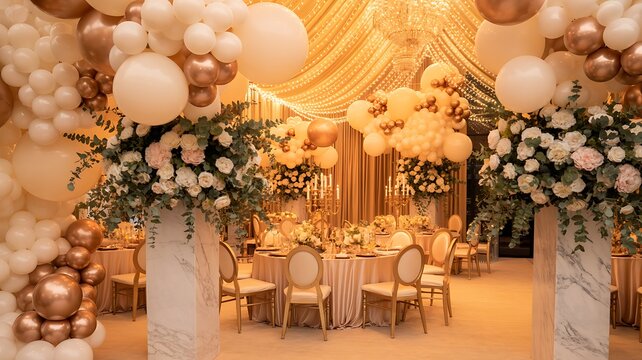 Luxurious wedding reception hall with marble pillars and elegant decorations