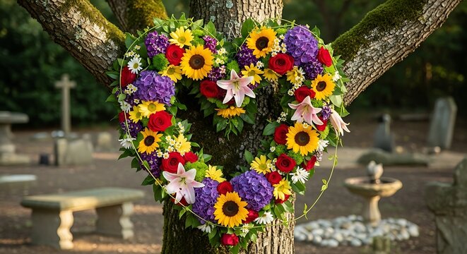 Heart shaped floral wreath hanging on tree in cemetery with flowers and greenery