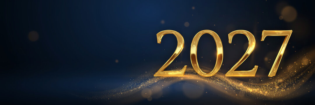 Golden numerals representing the year 2027 shine against a dark blue sparkling background digits numbers glowing metallic sparkle