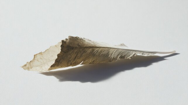 Close up of a single feather isolated against a bright white background
