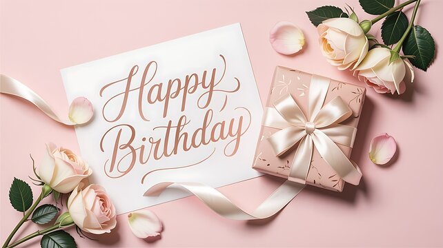 Pink birthday celebration with flowers and gift box and happy birthday card