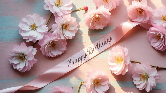 Pink flowers and a Happy Birthday ribbon on a pastel background with a pink ribbon