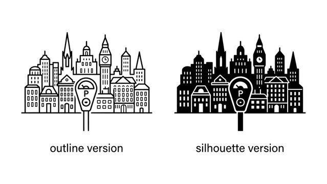 Cityscape with Parking Meter: A stylized depiction of an urban skyline featuring various buildings, with a prominent parking meter in the foreground.