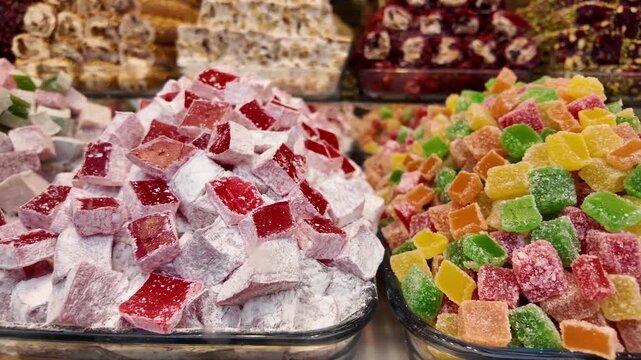 A vibrant, dynamic shot showcasing a diverse array of traditional turkish delight sweets, motion shot highlights different flavors and colors