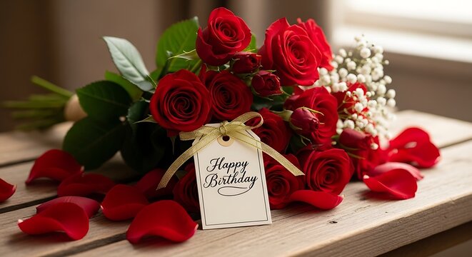 Red roses bouquet with Happy Birthday tag on wooden table