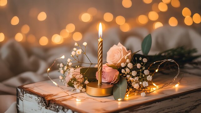 Romantic ambiance with candle light pink roses and fairy lights on wooden table indoors