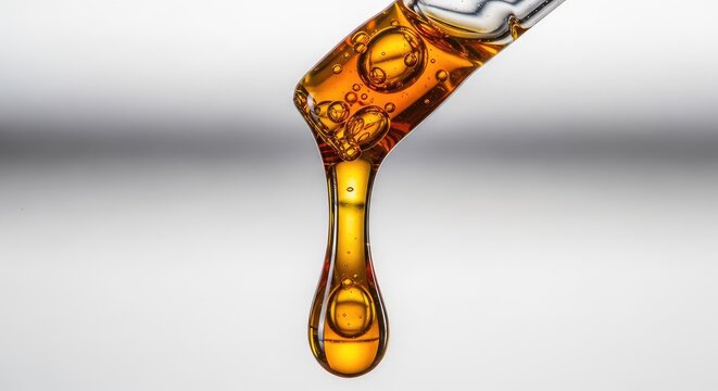 Macro shot of translucent amber resin concentrate dripping slowly from a glass pipette, highlighting the viscous and syrupy consistency, viscosity, applicator, amber