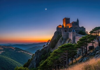Obraz premium Majestic stone fortress perched atop a rugged mountain peak surrounded by rolling hills and ancient pine trees under a clear twilight sky, ancient, landscape, graphic