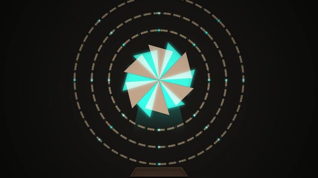 Abstract rotating geometric fan and glowing light circles motion graphic