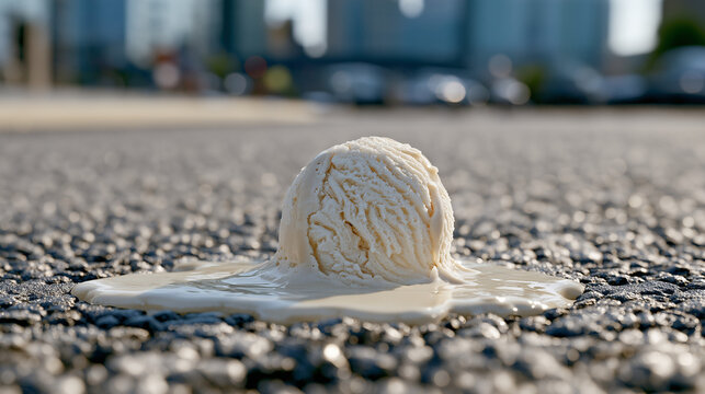 Half Melted Vanilla Ice Cream Scoop on Hot Asphalt in a Big City During Extreme Summer Heat