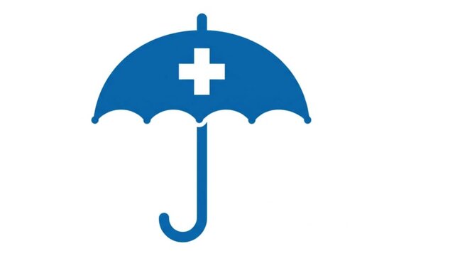 Blue medical insurance umbrella icon with white cross and shiny light reflection on white background