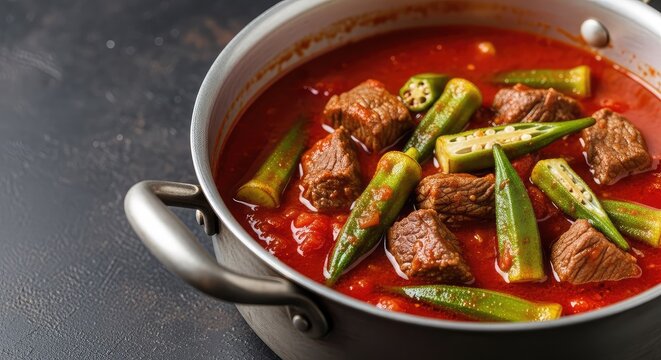 Savory stew with tender beef chunks and fresh green okra simmering in a rich tomato sauce, bubbling gently in a rustic metal cooking pot, hearty, stew, spices