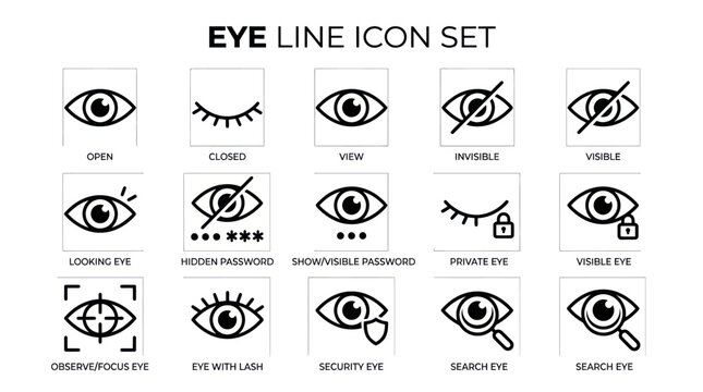Eye line icons depict various eye types and expressions in a detailed graphic illustration.